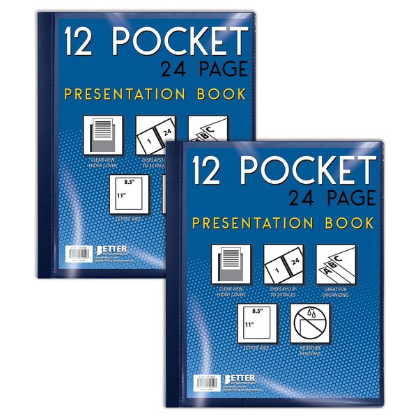 Better Office Products Presentation Book, 12-Pocket, Blue, W/Clear View Front Cover, 8.5in. x 11in. Sheets, 2PK 32015